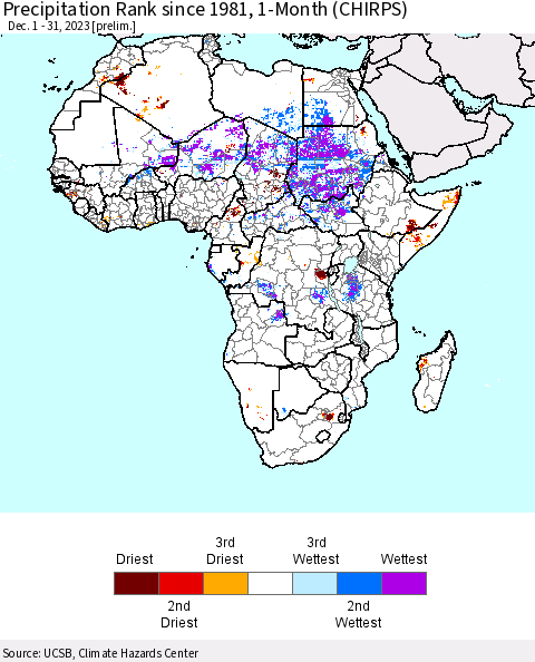 Africa Precipitation Rank since 1981, 1-Month (CHIRPS) Thematic Map For 12/1/2023 - 12/31/2023