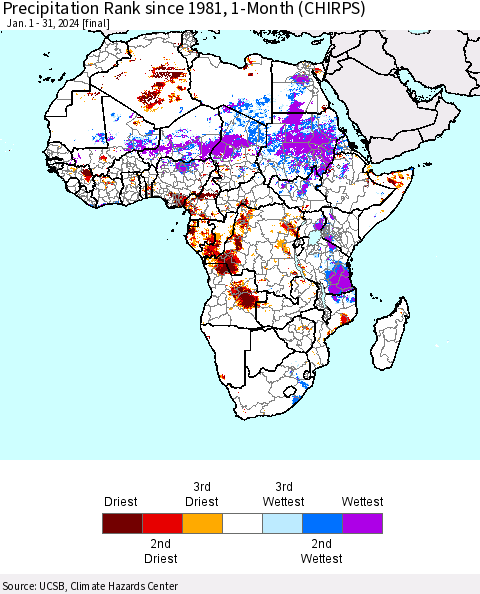 Africa Precipitation Rank since 1981, 1-Month (CHIRPS) Thematic Map For 1/1/2024 - 1/31/2024