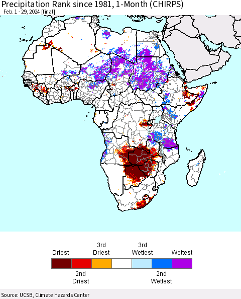 Africa Precipitation Rank since 1981, 1-Month (CHIRPS) Thematic Map For 2/1/2024 - 2/29/2024