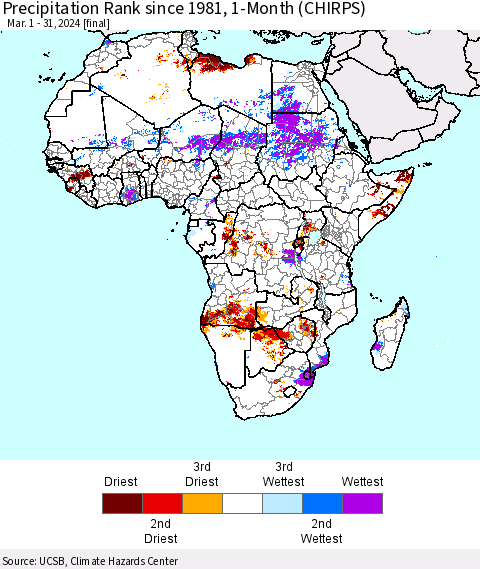 Africa Precipitation Rank since 1981, 1-Month (CHIRPS) Thematic Map For 3/1/2024 - 3/31/2024