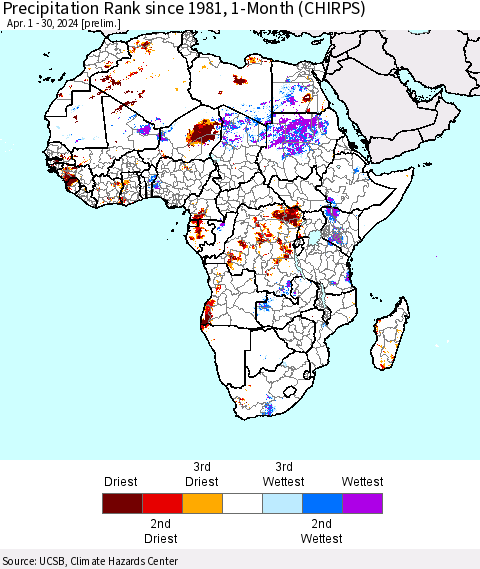 Africa Precipitation Rank since 1981, 1-Month (CHIRPS) Thematic Map For 4/1/2024 - 4/30/2024