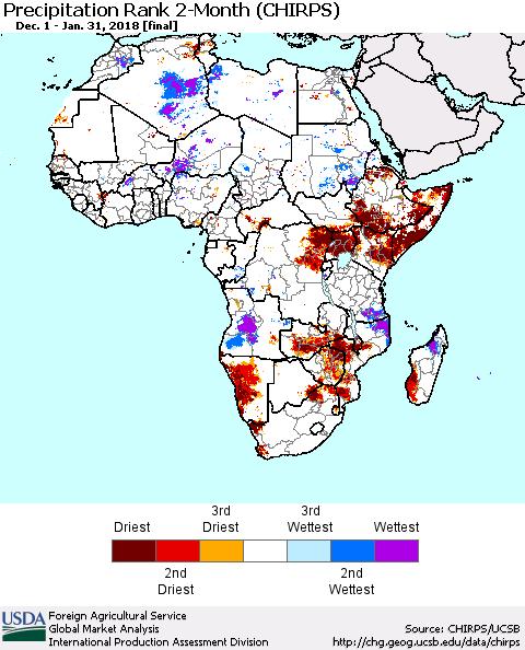 Africa Precipitation Rank since 1981, 2-Month (CHIRPS) Thematic Map For 12/1/2017 - 1/31/2018