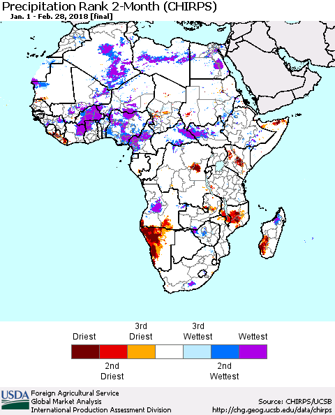 Africa Precipitation Rank since 1981, 2-Month (CHIRPS) Thematic Map For 1/1/2018 - 2/28/2018