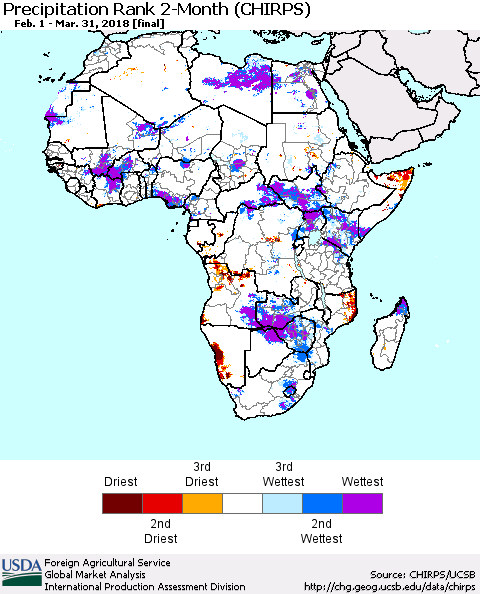 Africa Precipitation Rank since 1981, 2-Month (CHIRPS) Thematic Map For 2/1/2018 - 3/31/2018