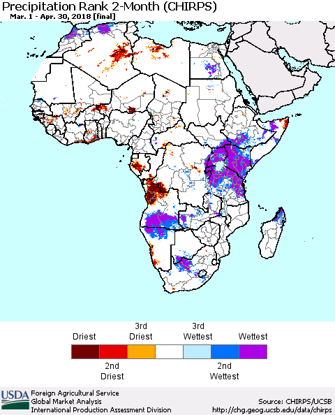 Africa Precipitation Rank since 1981, 2-Month (CHIRPS) Thematic Map For 3/1/2018 - 4/30/2018