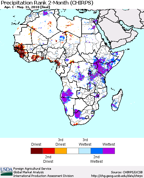 Africa Precipitation Rank since 1981, 2-Month (CHIRPS) Thematic Map For 4/1/2018 - 5/31/2018