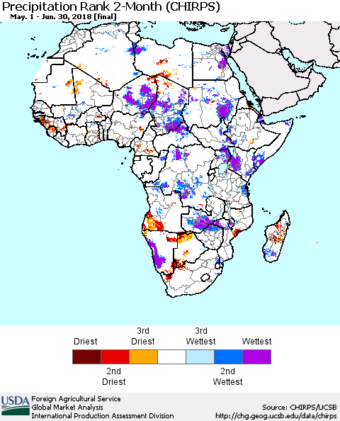 Africa Precipitation Rank since 1981, 2-Month (CHIRPS) Thematic Map For 5/1/2018 - 6/30/2018