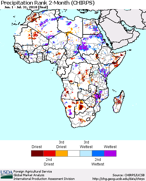 Africa Precipitation Rank since 1981, 2-Month (CHIRPS) Thematic Map For 6/1/2018 - 7/31/2018