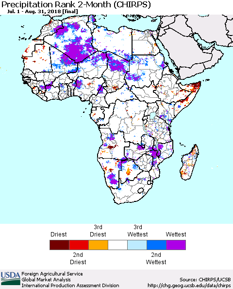 Africa Precipitation Rank since 1981, 2-Month (CHIRPS) Thematic Map For 7/1/2018 - 8/31/2018