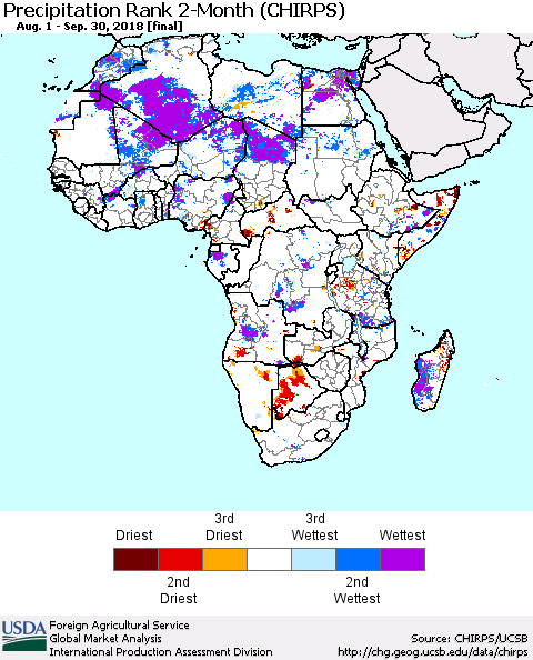 Africa Precipitation Rank since 1981, 2-Month (CHIRPS) Thematic Map For 8/1/2018 - 9/30/2018