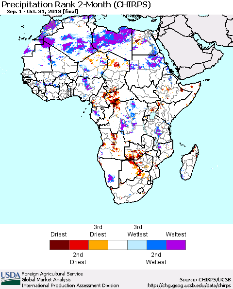 Africa Precipitation Rank since 1981, 2-Month (CHIRPS) Thematic Map For 9/1/2018 - 10/31/2018
