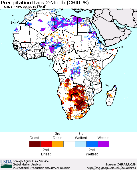 Africa Precipitation Rank since 1981, 2-Month (CHIRPS) Thematic Map For 10/1/2018 - 11/30/2018