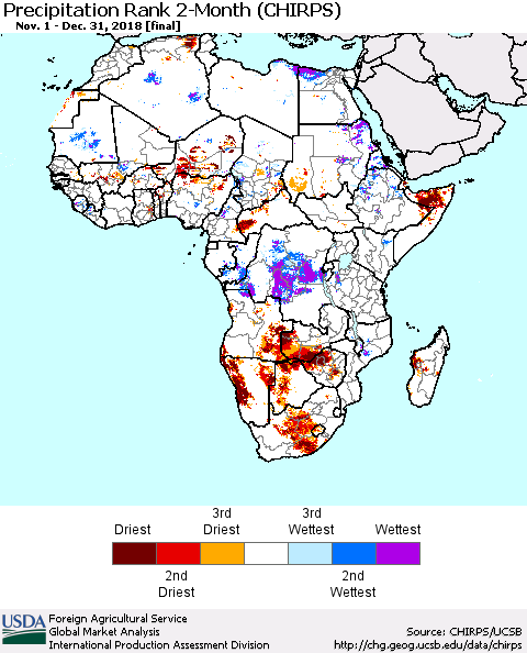 Africa Precipitation Rank since 1981, 2-Month (CHIRPS) Thematic Map For 11/1/2018 - 12/31/2018
