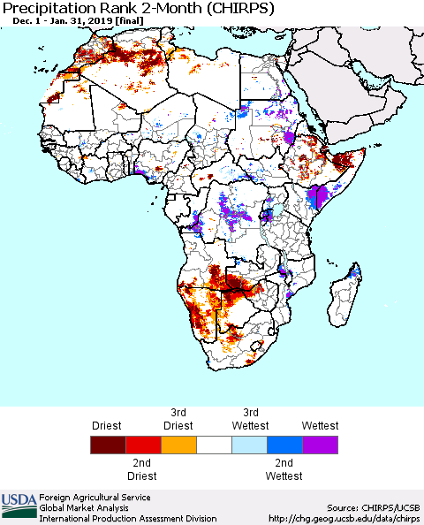 Africa Precipitation Rank since 1981, 2-Month (CHIRPS) Thematic Map For 12/1/2018 - 1/31/2019
