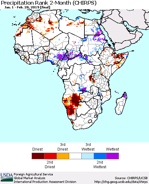 Africa Precipitation Rank since 1981, 2-Month (CHIRPS) Thematic Map For 1/1/2019 - 2/28/2019