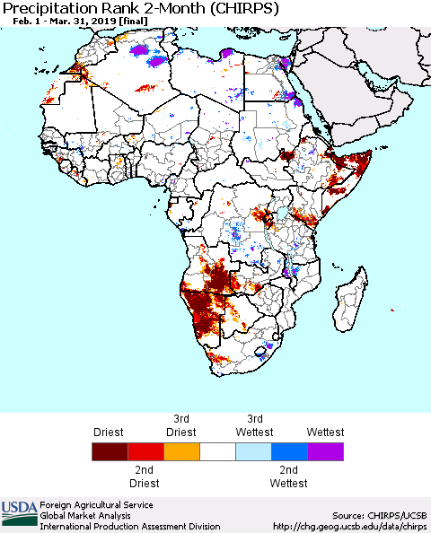 Africa Precipitation Rank since 1981, 2-Month (CHIRPS) Thematic Map For 2/1/2019 - 3/31/2019