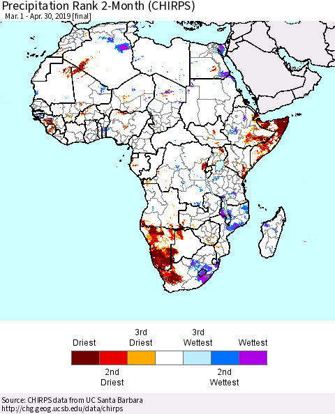 Africa Precipitation Rank since 1981, 2-Month (CHIRPS) Thematic Map For 3/1/2019 - 4/30/2019