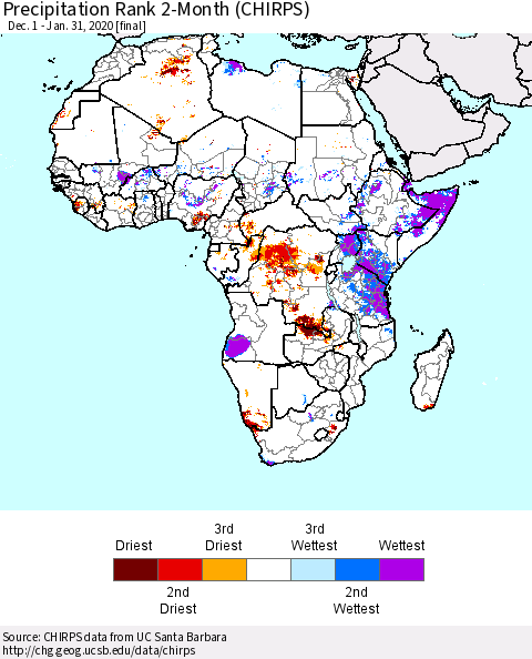 Africa Precipitation Rank since 1981, 2-Month (CHIRPS) Thematic Map For 12/1/2019 - 1/31/2020