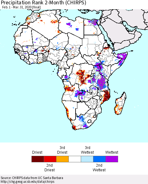 Africa Precipitation Rank since 1981, 2-Month (CHIRPS) Thematic Map For 2/1/2020 - 3/31/2020
