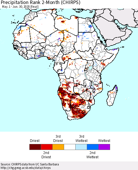 Africa Precipitation Rank 2-Month (CHIRPS) Thematic Map For 5/1/2020 - 6/30/2020