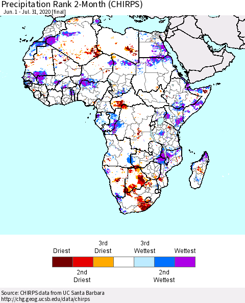 Africa Precipitation Rank since 1981, 2-Month (CHIRPS) Thematic Map For 6/1/2020 - 7/31/2020