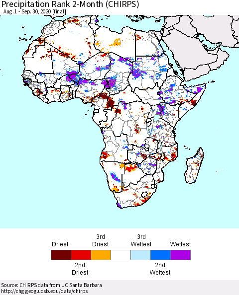 Africa Precipitation Rank 2-Month (CHIRPS) Thematic Map For 8/1/2020 - 9/30/2020
