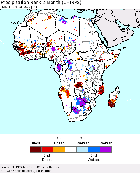 Africa Precipitation Rank 2-Month (CHIRPS) Thematic Map For 11/1/2020 - 12/31/2020