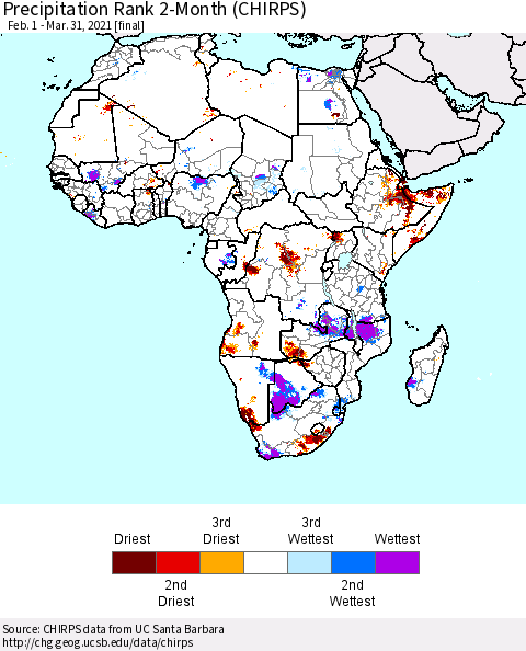 Africa Precipitation Rank since 1981, 2-Month (CHIRPS) Thematic Map For 2/1/2021 - 3/31/2021
