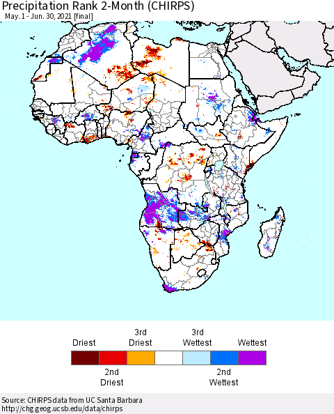 Africa Precipitation Rank 2-Month (CHIRPS) Thematic Map For 5/1/2021 - 6/30/2021