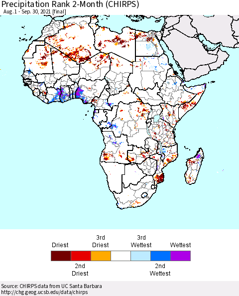 Africa Precipitation Rank 2-Month (CHIRPS) Thematic Map For 8/1/2021 - 9/30/2021