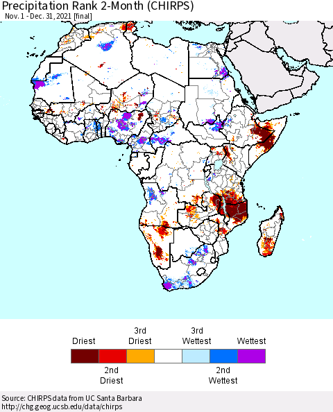 Africa Precipitation Rank 2-Month (CHIRPS) Thematic Map For 11/1/2021 - 12/31/2021