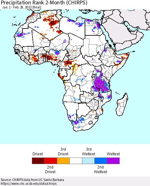 Africa Precipitation Rank 2-Month (CHIRPS) Thematic Map For 1/1/2022 - 2/28/2022