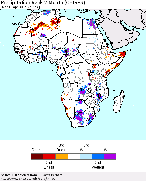Africa Precipitation Rank 2-Month (CHIRPS) Thematic Map For 3/1/2022 - 4/30/2022