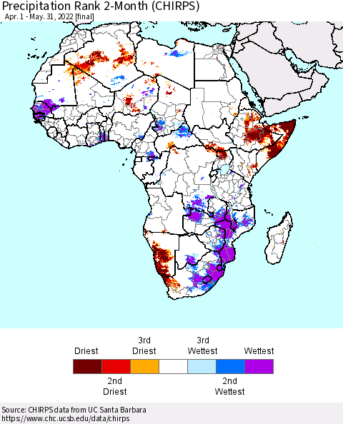 Africa Precipitation Rank 2-Month (CHIRPS) Thematic Map For 4/1/2022 - 5/31/2022