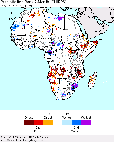 Africa Precipitation Rank 2-Month (CHIRPS) Thematic Map For 5/1/2022 - 6/30/2022