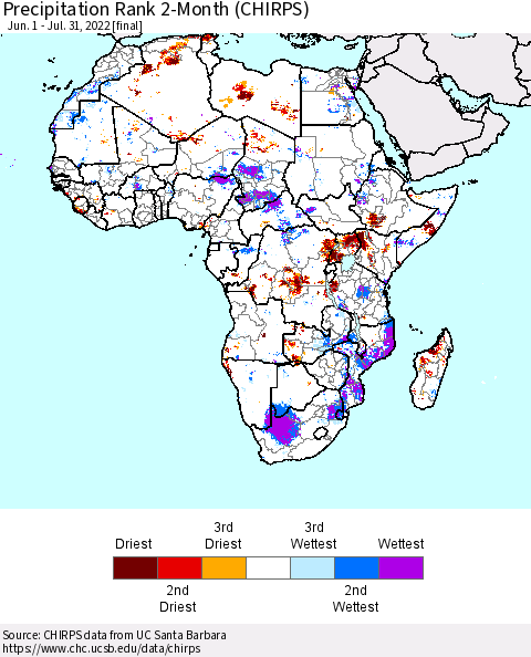 Africa Precipitation Rank 2-Month (CHIRPS) Thematic Map For 6/1/2022 - 7/31/2022