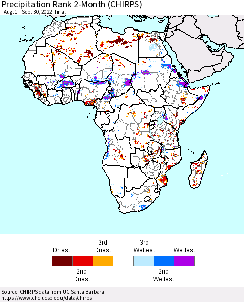 Africa Precipitation Rank 2-Month (CHIRPS) Thematic Map For 8/1/2022 - 9/30/2022
