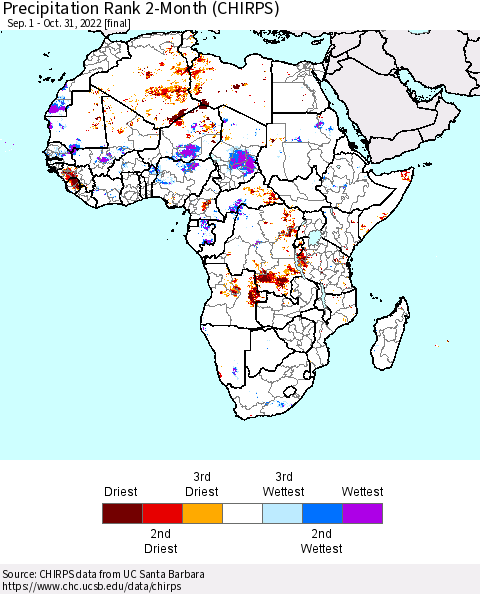 Africa Precipitation Rank 2-Month (CHIRPS) Thematic Map For 9/1/2022 - 10/31/2022