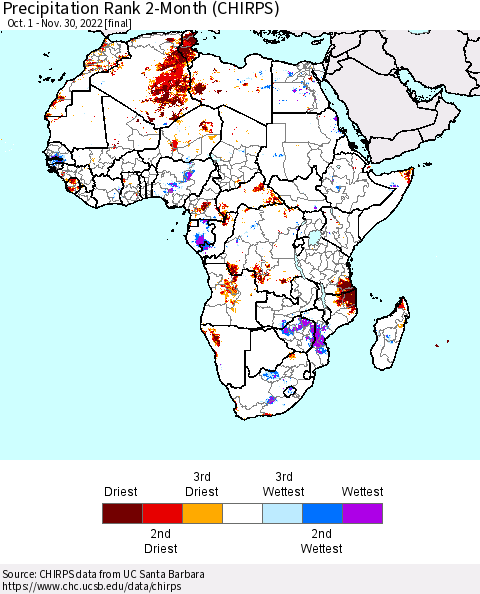 Africa Precipitation Rank 2-Month (CHIRPS) Thematic Map For 10/1/2022 - 11/30/2022