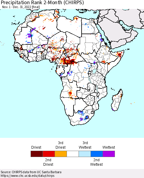 Africa Precipitation Rank 2-Month (CHIRPS) Thematic Map For 11/1/2022 - 12/31/2022