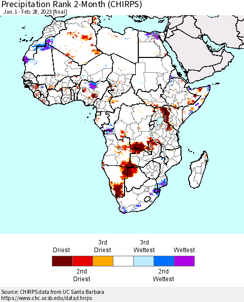 Africa Precipitation Rank 2-Month (CHIRPS) Thematic Map For 1/1/2023 - 2/28/2023
