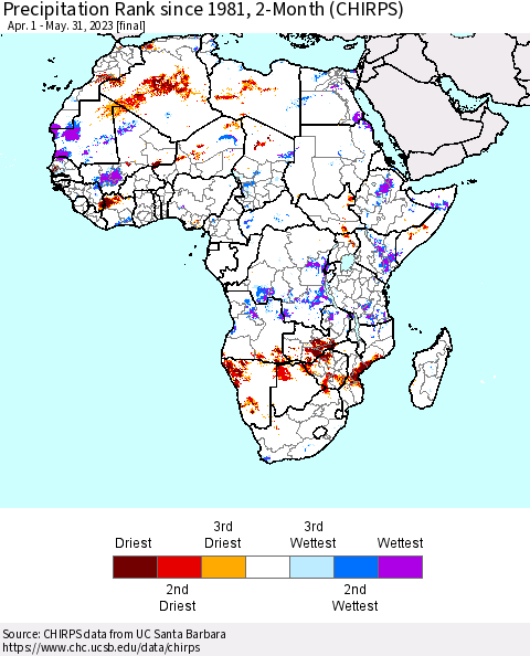 Africa Precipitation Rank since 1981, 2-Month (CHIRPS) Thematic Map For 4/1/2023 - 5/31/2023
