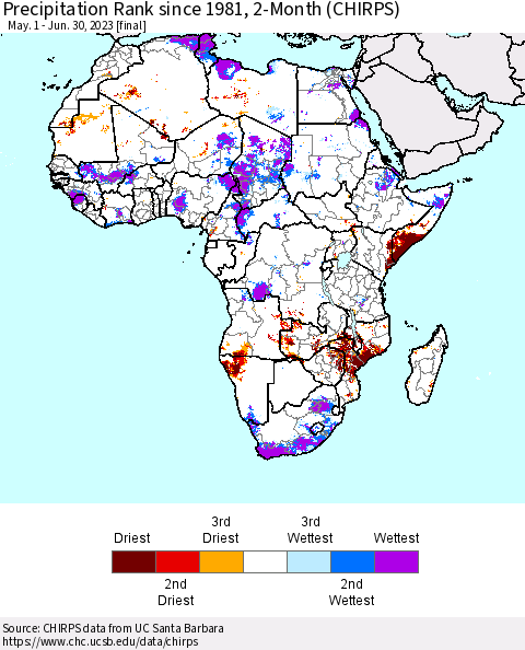Africa Precipitation Rank since 1981, 2-Month (CHIRPS) Thematic Map For 5/1/2023 - 6/30/2023