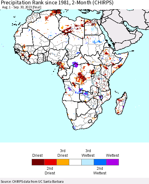 Africa Precipitation Rank since 1981, 2-Month (CHIRPS) Thematic Map For 8/1/2023 - 9/30/2023