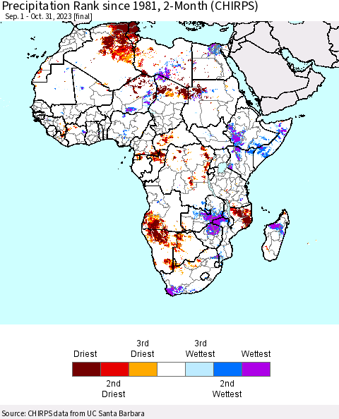Africa Precipitation Rank since 1981, 2-Month (CHIRPS) Thematic Map For 9/1/2023 - 10/31/2023