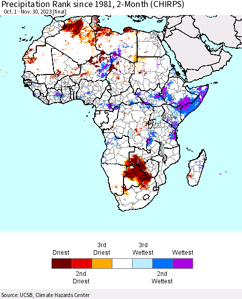 Africa Precipitation Rank since 1981, 2-Month (CHIRPS) Thematic Map For 10/1/2023 - 11/30/2023