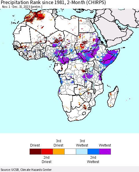 Africa Precipitation Rank since 1981, 2-Month (CHIRPS) Thematic Map For 11/1/2023 - 12/31/2023