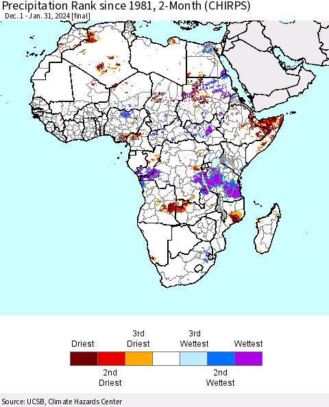 Africa Precipitation Rank since 1981, 2-Month (CHIRPS) Thematic Map For 12/1/2023 - 1/31/2024