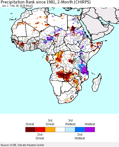 Africa Precipitation Rank since 1981, 2-Month (CHIRPS) Thematic Map For 1/1/2024 - 2/29/2024