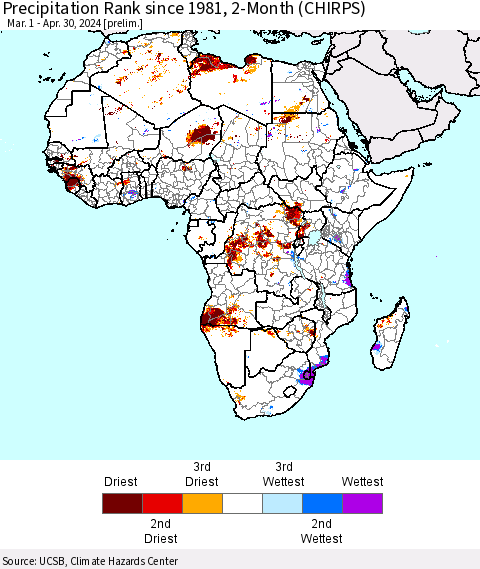 Africa Precipitation Rank since 1981, 2-Month (CHIRPS) Thematic Map For 3/1/2024 - 4/30/2024